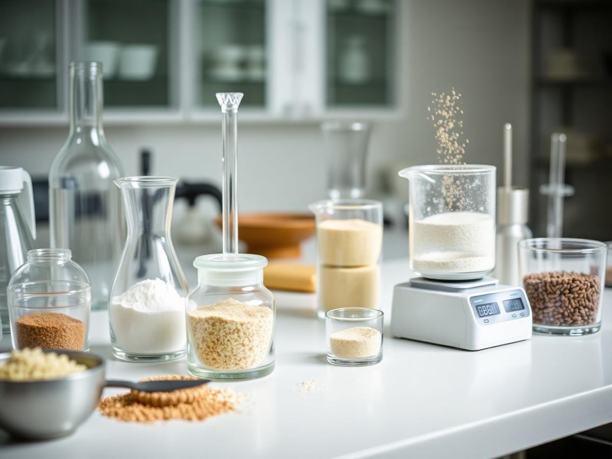 Food product development bench with laboratory glassware and ingredients